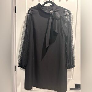 Vince Camuto black shirt bow dress with sheer polka dot sleeves size 12